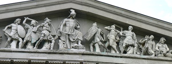 Links germanische Krieger, rechts die geschlagenen Römer
